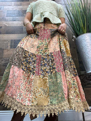 Boho Patchwork Tiered Maxi Skirt w/ Crochet Hem
