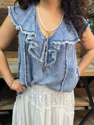 Alternate view of Oli & Hali Denim Washed Ruffle Collar Tencel Top
