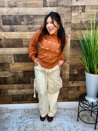 Forte Terracotta Waved Stripe Open Knit Long Slv Sweater