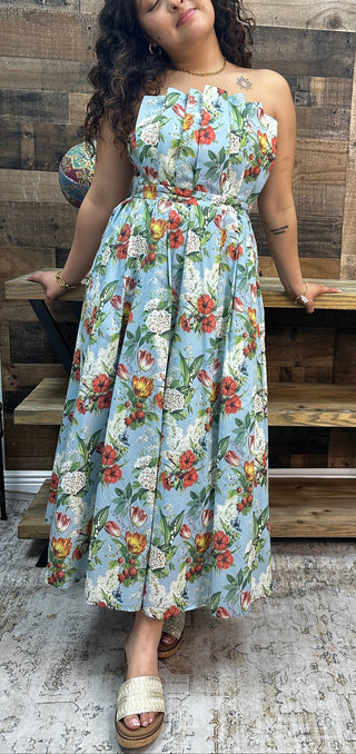 Entro Blue Vintage Floral Pleated Strapless Midi Dress