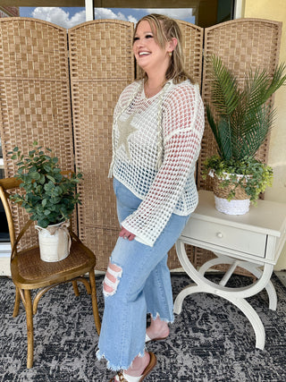 Alternate view of POL Shine Bright Star Ivory Open Weave Top
