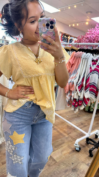 Alternate view of Easel Yellow Hello Embroidered Top
