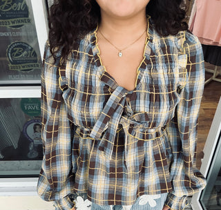 Listicle Mocha & Blue Plaid Tie Front Long Slv Top