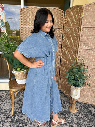 Alternate view of In Feb Mineral Washed Denim Button Down Pleated Midi Dress
