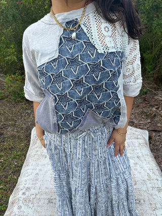 Easel Denim Printed Stripe Tiered Maxi Skirt