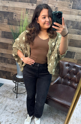 POL Olive & Almond One Size Chenille Crochet Cardigan Shrug Sweater Top