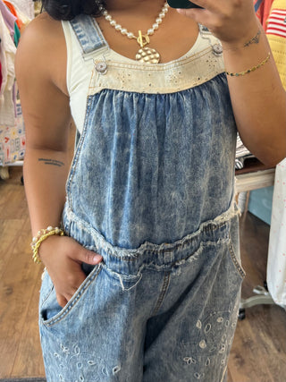 Alternate view of POL Denim & Ivory Eyelet Overalls
