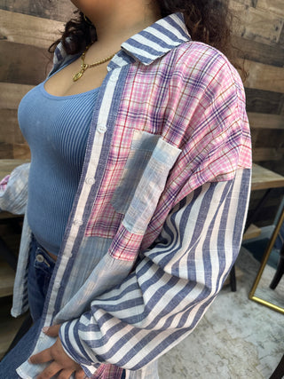Alternate view of Like Love Blue & Pink Button Down Plaid Stripe Mix Top

