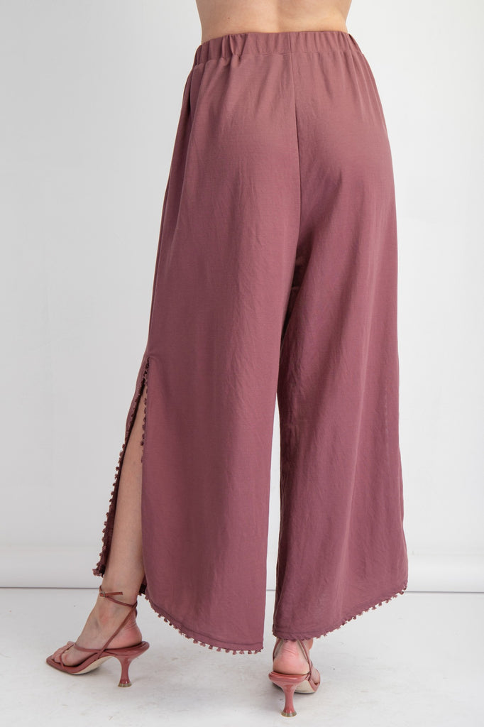 Easel - Faded Plum Poly-Linen Mini Tassel Pants - The Gypsy Belle Boutique