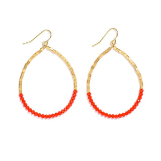 Gold and Red Beaded Teardrop Earrings featuring intricate beadwork, perfect for adding elegance to any outfit.