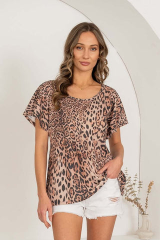 Women's Sew In Love leopard short sleeve top in sale, featuring an eye-catching beige and white leopard print design.