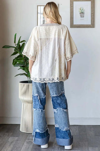 Lavender & Ivory Eyelet Patchwork Boxy Top by Oli & Hali - Casual Fashion Statement with Unique Design, Perfect for Any Occasion