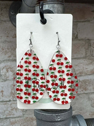 Cherry Acrylic Teardrop Earrings with a vibrant red hue, delicate cherry design, and lightweight teardrop shape for a stylish look.