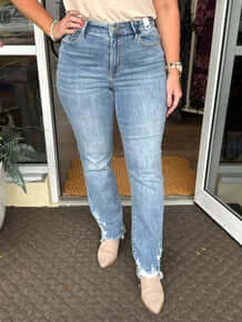 Judy Blue 82470 Straight Leg Distressed Ankle Jeans - Trendy denim with a stylish distressed look and comfortable fit.