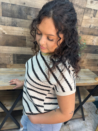 Alternate view of Staccato Ivory & Black Striped Pointelle Short Slv Top
