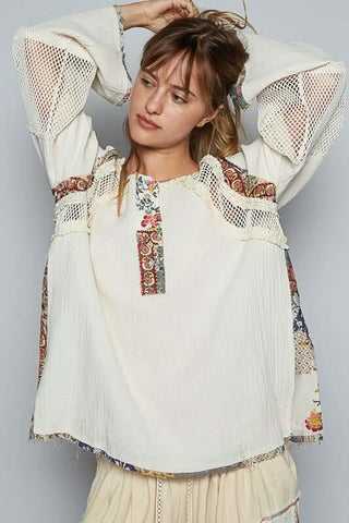Ivory Cotton Gauze Top with Vibrant Multicolor Print - POL Stylish and Comfortable Blouse for Any Occasion.