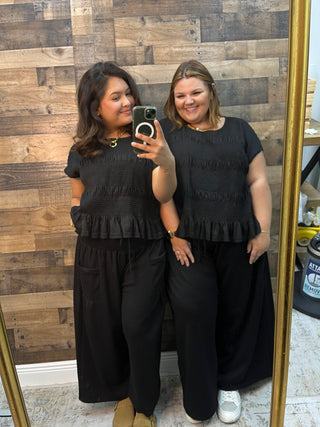 Davi & Dani Ruched BLACK Ruffle Pant & Short Sleeve Top Set