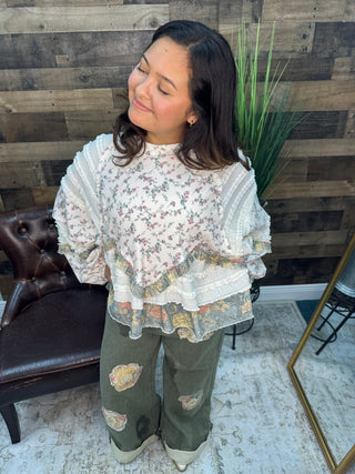 POL Cream Floral Ruffle Long Slv Lace Detail Top