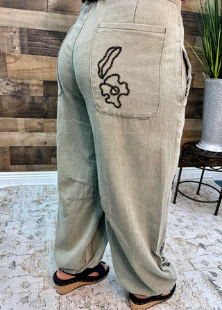 POL Olive Green Button Front Jogger w/ Black Embroidery