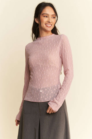 Dusty pink round neck lace bows long sleeve top - elegant layering garment with delicate details for a stylish touch.