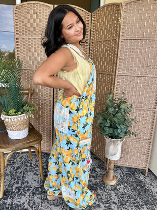 Alternate view of POL Sky Blue Lemon & Crochet Overalls

