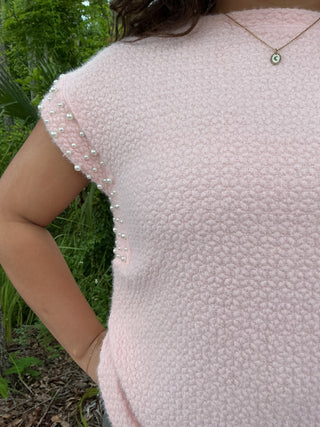Fantastic Fawn Boxy Cut Pink Pearl Trim Shoulder Top