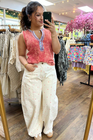 Ivory & Coral Polka Dot Gypsy Fit Pants