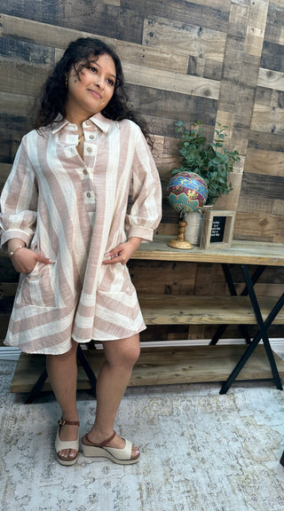 Alternate view of Like Love Oatmeal & Taupe Stripe Linen Look 3/4 Sleeve Dress
