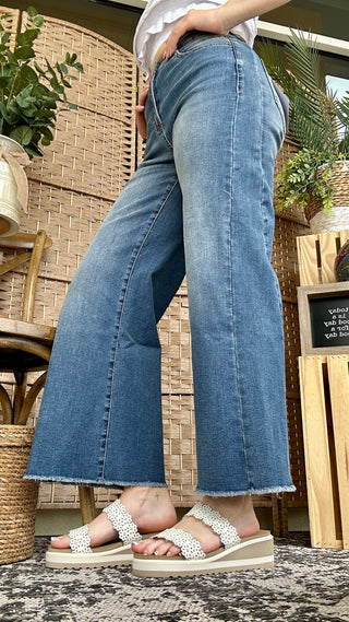 MICA W3749B Hi Rise Wide Leg Raw Hem Jeans
