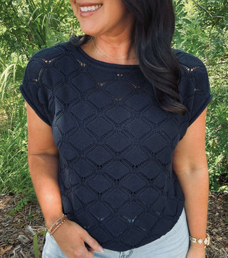 Women's Cable Knit Short Sleeve Sweater Top in Lilac and Blue - Two Colors Available for February.