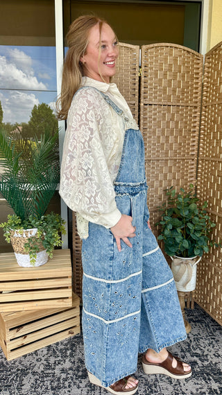 Alternate view of POL Denim & Ivory Eyelet Overalls
