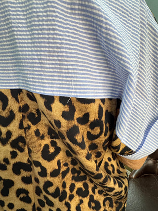 Oddi Leopard & Blue Oxford Stripe Top and Wide Leg Pant Set