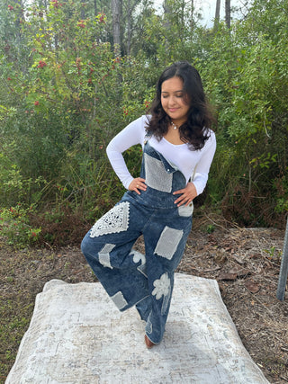 POL Denim Crochet Patchwork Wide Leg Overalls