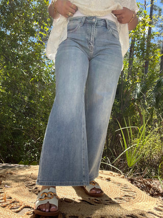 Light wash wide-leg jeans with high waist and full-length straight cut silhouette.

