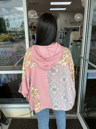 Soft pink floral oversized top with crochet detail and half placket from POL. Perfect for a chic, boho-inspired look.