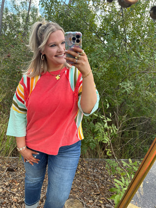 Alternate view of Easel RED Mineral Wash 3/4 Slv Multi Stripe Top
