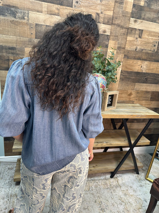 Alternate view of Easel Chambray Bubble 3/4 Slv Button Down Top
