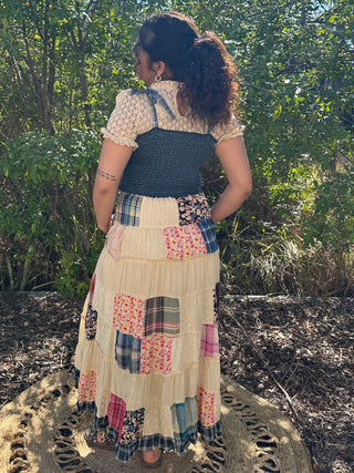 Alternate view of Young Threads Smocked Denim w/ Latte Patchwork Midi Dress
