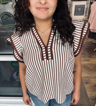 Entro Brown Stripe Flutter Sleeve V Neck Top