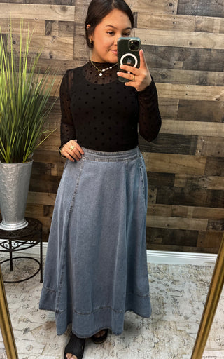 Washed Denim Favorite Flair Midi Skirt w/ Contrast Stitch