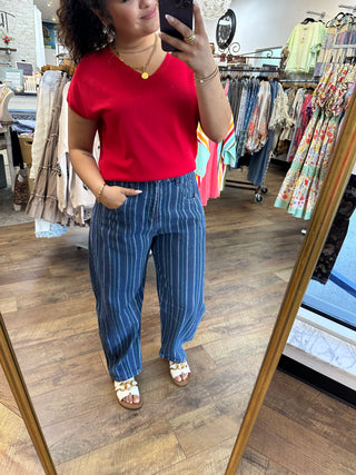 Alternate view of Easel Denim Stripe Barrel Leg Gypsy Fit Pants
