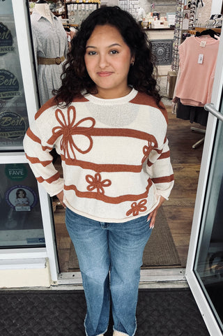 Mello Brown Striped Floral Embroidery Sweater Top