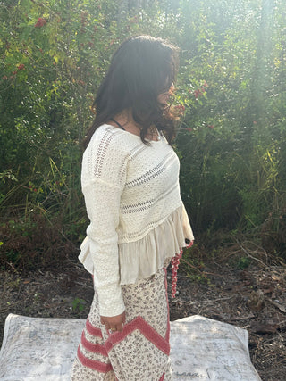 In Feb Ivory Ruffle Hem Lightweight VNeck Sweater Top