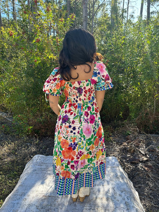 Oddi Carinival Bloom Floral Border Print Dress w/ Bubble Sleeve