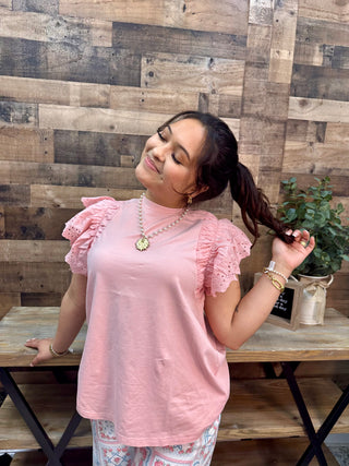 Alternate view of Easel Blush Eyelet Flutter Sleeve Top
