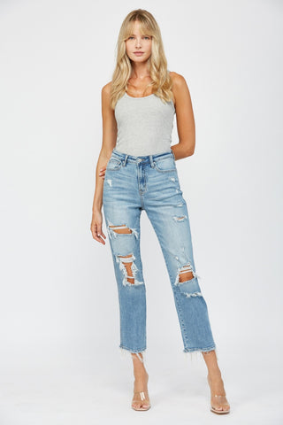 MICA T3014 Jean Med Wash High Rise Straight Leg Distressed
