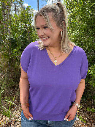 Alternate view of Like Love Purple Cap Slv V Neck Knit Top
