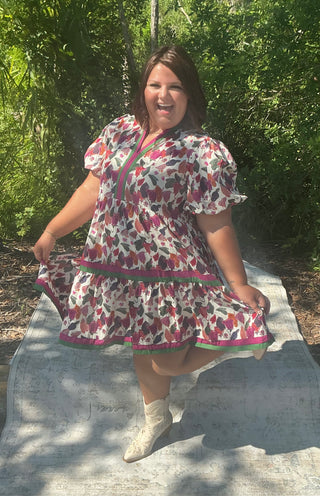 Plum floral print dress with bubble sleeves and a stylish band accent