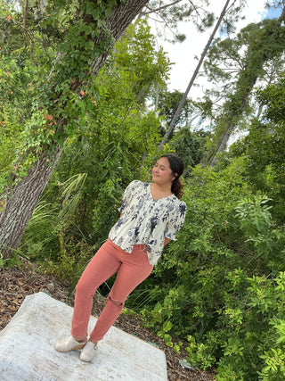 Entro Ivory & Navy Floral Smock Pintuck Top