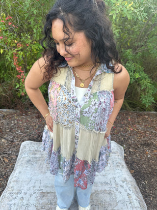 Alternate view of Boho Chic Latte Delight Patchwork Button Down Sleeveless Top Curvy
